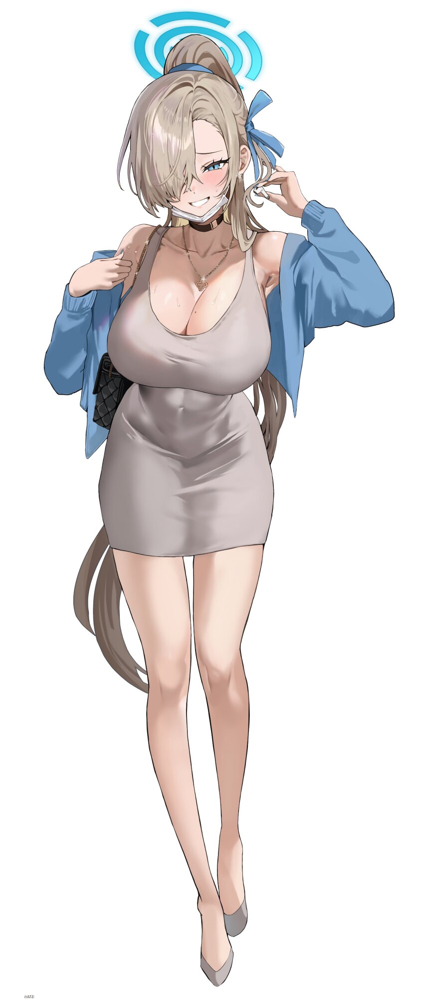 1girl absurdres alternate_costume armpits asuna_(blue_archive) bare_shoulders blue_archive blue_eyes blue_halo blue_jacket blush breasts cleavage commentary_request covered_navel dongtan_dress dress earphones full_body grey_dress grey_footwear halo haze_(ohw8g) heart highres holding holding_earphones huge_breasts jacket large_breasts light_brown_hair long_hair looking_at_viewer mask mask_lift meme_attire mole mole_on_breast mouth_mask open_clothes open_jacket simple_background single_bare_shoulder single_earphone_removed single_off_shoulder smile solo standing thighs tight_clothes tight_dress very_long_hair white_background white_mask