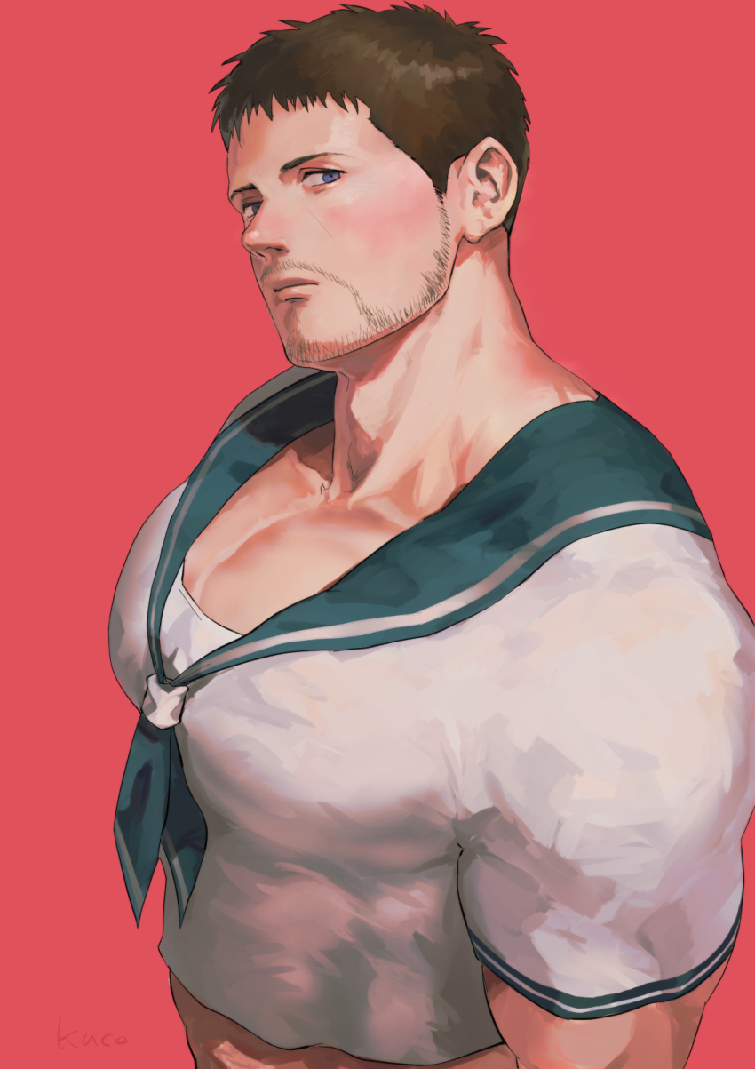 1boy bara black_hair blue_sailor_collar chris_redfield closed_mouth facial_hair head_tilt highres kuconoms large_pectorals looking_at_viewer male_focus muscular muscular_male official_alternate_costume pectorals resident_evil resident_evil:_revelations sailor_collar sailor_shirt shirt short_hair simple_background solo white_shirt