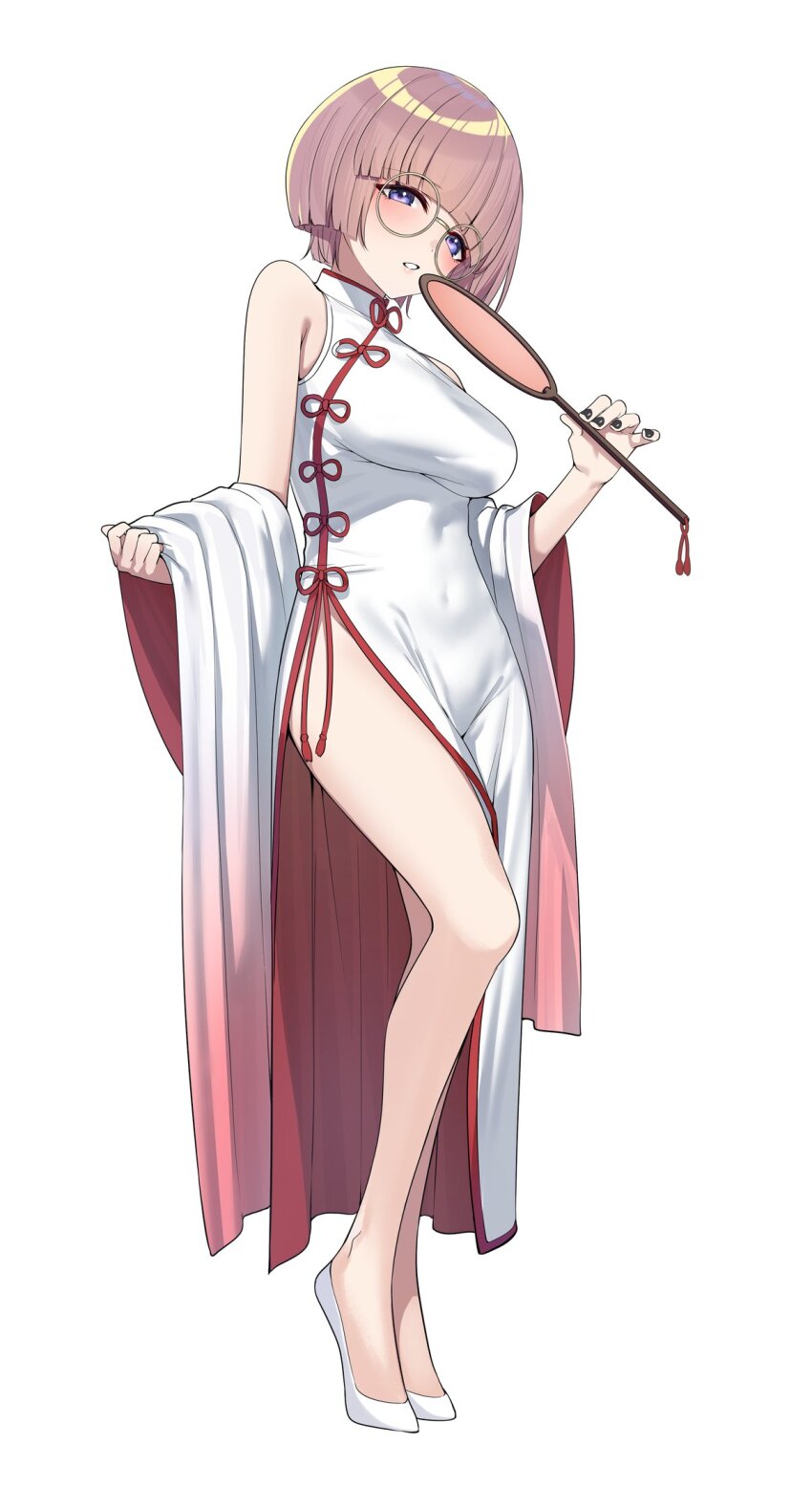 1girl arimura_mao bare_legs bespectacled blunt_bangs breasts china_dress chinese_clothes commentary_request covered_navel dress full_body gakuen_idolmaster glasses go-1 hand_fan highres holding holding_fan idolmaster looking_at_viewer medium_breasts purple_eyes round_eyewear short_hair sleeveless sleeveless_dress solo white_footwear