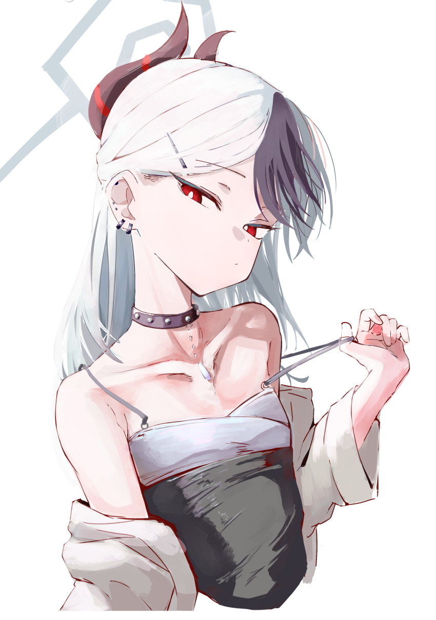 1girl absurdres black_dress black_hair blue_archive breasts bright_pupils choker clothes_pull collarbone demon_horns dress dress_pull earrings hair_ornament hairclip halo highres horns jewelry kayoko_(blue_archive) kayoko_(dress)_(blue_archive) kayokolove3_17 long_hair multicolored_hair multiple_earrings off-shoulder_dress off-shoulder_shirt off_shoulder open_clothes open_shirt pendant_choker red_eyes shirt small_breasts solo strap_pull studded_choker two-tone_hair upper_body white_background white_hair white_pupils