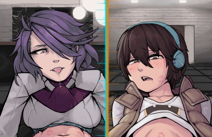 1boy 1girl ai_the_somnium_files boxman breasts brown_eyes brown_hair bulge clothes enda_shoma erection erection_under_clothes hair_over_one_eye handsfree_paizuri headphones hetero highres large_penis lipstick lipstick_mark looking_at_viewer lying makeup medium_breasts medium_hair open_mouth paizuri paizuri_under_clothes penis purple_eyes purple_hair saliva saliva_trail shigure_tokiko short_hair tongue tongue_out