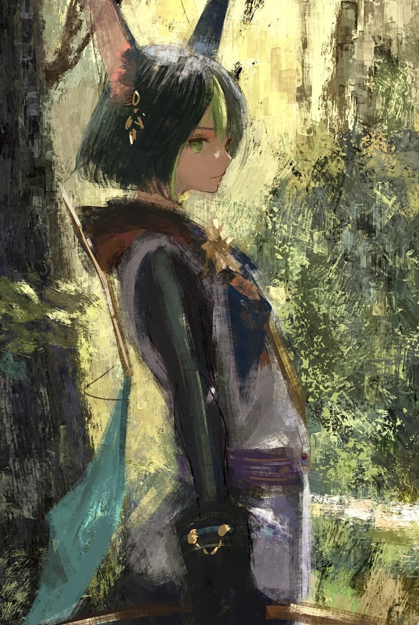 1boy animal_ear_fluff animal_ears black_hair cowboy_shot expressionless fox_boy fox_ears from_side fuyumurasaki genshin_impact gloves green_eyes green_hair highres male_focus multicolored_hair painterly short_hair solo standing streaked_hair tighnari_(genshin_impact) tree