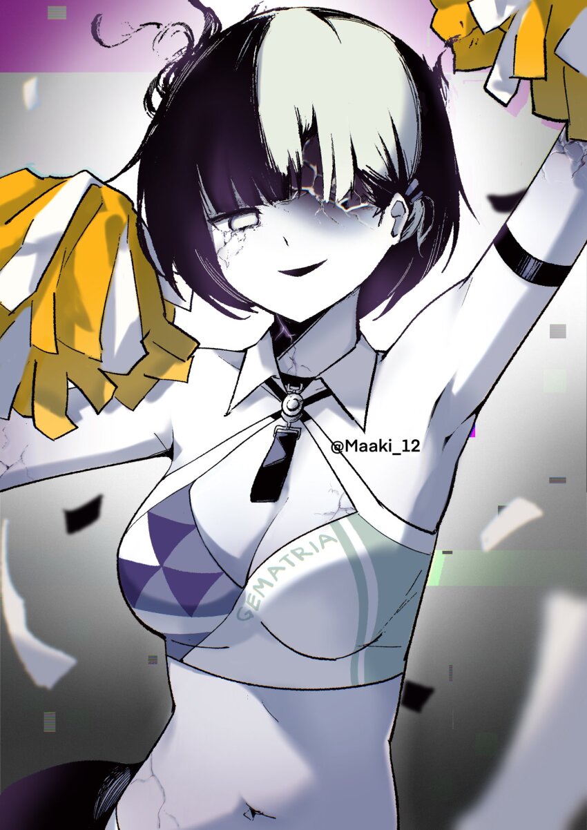1girl armpits black_hair black_suit_(blue_archive) blue_archive bob_cut breasts crack cracked_skin detached_collar genderswap genderswap_(mtf) gradient_background hair_ornament hair_over_one_eye hairclip highres large_breasts maaki12 millennium_cheerleader_outfit_(blue_archive) multicolored_hair navel pale_skin pom_pom_(cheerleading) short_hair simple_background white_hair
