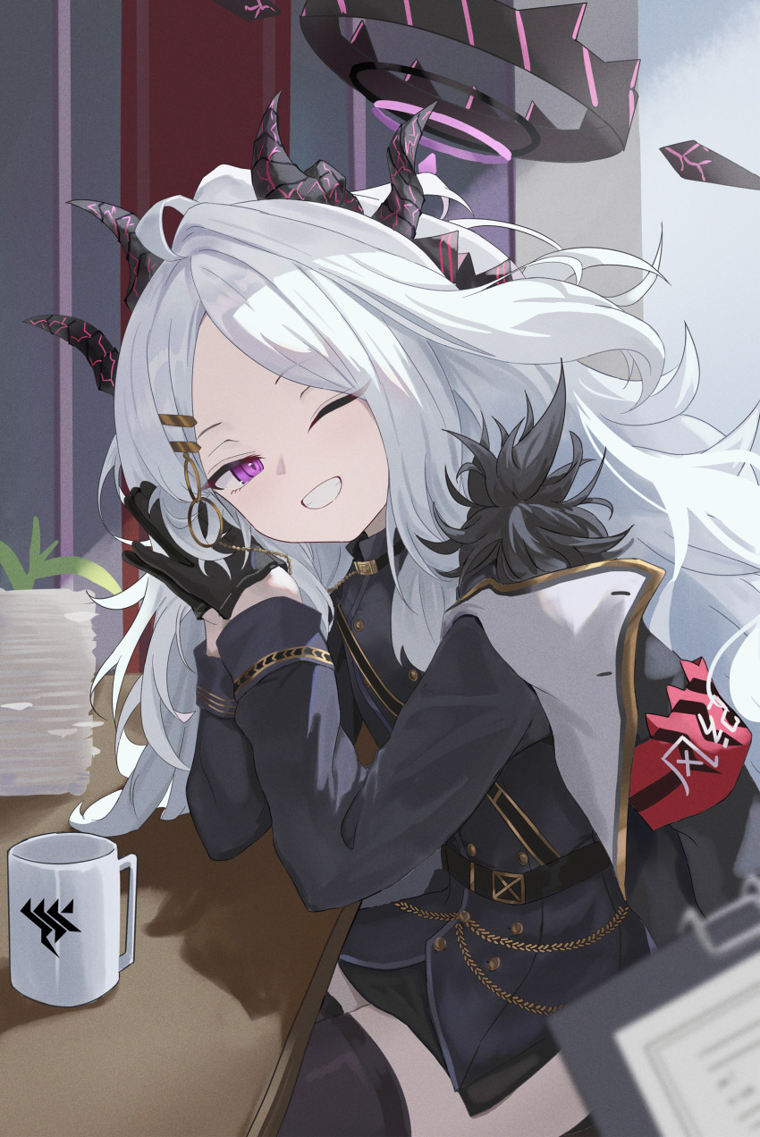1girl absurdres black_dress black_gloves black_halo black_horns black_thighhighs blue_archive cup demon_girl demon_horns desk dress gloves grey_hair grin halo highres hina_(blue_archive) horns long_hair long_sleeves mixian mug multiple_horns one_eye_closed purple_eyes smile teeth thighhighs
