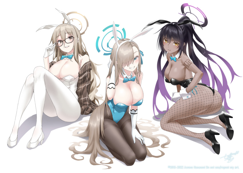 3girls adjusting_eyewear akane_(blue_archive) akane_(bunny)_(blue_archive) animal_ears ass asuna_(blue_archive) asuna_(bunny)_(blue_archive) awono_nanaumi bare_shoulders black-framed_eyewear black_footwear black_hair black_halo black_pantyhose blue_archive blue_bow blue_bowtie blue_halo blue_leotard bow bowtie breasts brown_eyes brown_hair brown_halo cleavage collar collarbone commentary_request dark-skinned_female dark_skin detached_collar fake_animal_ears fishnet_pantyhose fishnets glasses gloves gradient_hair grin hair_spread_out halo high_heels high_ponytail highleg highleg_leotard highres karin_(blue_archive) karin_(bunny)_(blue_archive) large_breasts leotard long_hair looking_at_viewer mole mole_under_eye multicolored_hair multiple_girls official_alternate_costume pantyhose parted_lips playboy_bunny ponytail purple_hair purple_halo rabbit_ears seiza simple_background sitting smile strapless strapless_leotard very_long_hair white_background white_collar white_footwear white_gloves white_leotard white_pantyhose yellow_eyes