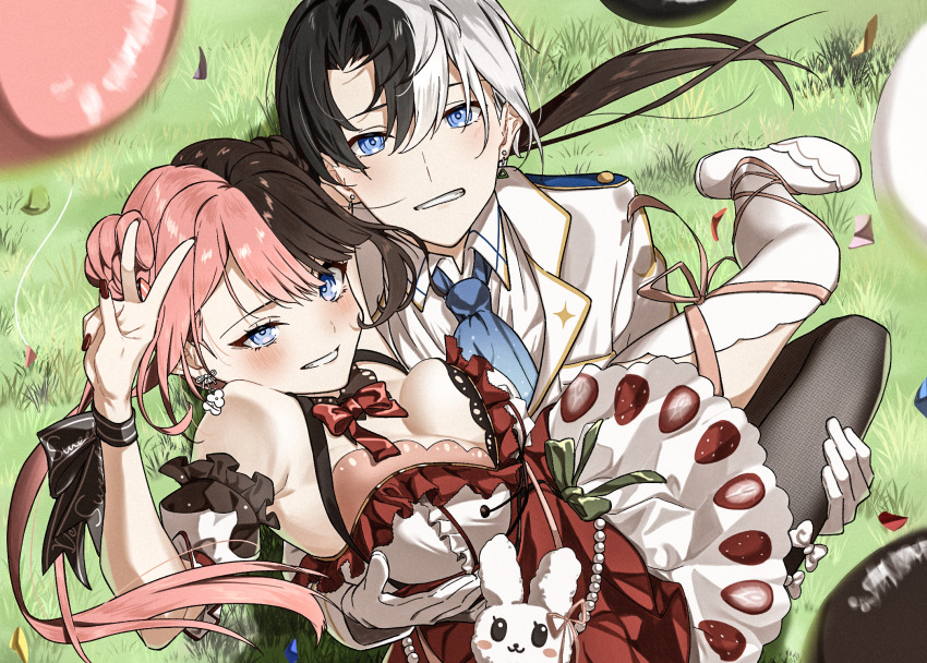 1boy 1girl armpits asymmetrical_legwear balloon bare_shoulders black_hair blazer blue_eyes blue_necktie breasts brown_hair carrying cleavage confetti curtained_hair detached_sleeves dress earrings food_print from_above fruit_print gloves grass grin half-closed_eye halter_dress halterneck highres indie_virtual_youtuber iris_black_games jacket jewelry kamito_(vtuber) looking_at_viewer multicolored_hair necktie outdoors parted_lips pink_hair princess_carry red_nails ribbon single_leg_pantyhose sleeveless sleeveless_dress smile split-color_hair strawberry_print tachibana_hinano tachibana_hinano_(4th_costume) tawashi_(tawashi324) twintails two-tone_hair v v_over_head virtual_youtuber vspo! white_gloves white_hair white_jacket wrist_ribbon