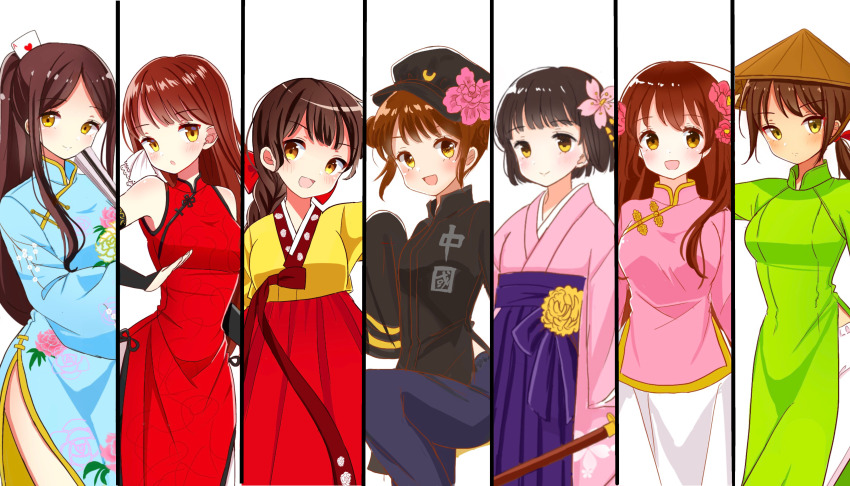 6+girls absurdres ahoge ao_dai axis_powers_hetalia bare_shoulders black_hair blush braid breasts brown_eyes brown_hair changpao china_(female)_(hetalia) china_(hetalia) china_dress chinese_clothes chinese_text double_bun dress floral_print flower genderswap genderswap_(mtf) green_eyes hair_bun hair_flower hair_ornament hanbok hat highres hong_kong_(female)_(hetalia) hong_kong_(hetalia) japan_(female)_(hetalia) japan_(hetalia) japanese_clothes kimono korea_(female)_(hetalia) korea_(hetalia) korean_clothes long_hair long_sleeves looking_at_viewer macau_(female)_(hetalia) macau_(hetalia) medium_breasts multiple_girls open_mouth pants pink_flower ponytail red_dress rice_hat riri5937 short_hair simple_background skirt sleeves_past_fingers sleeves_past_wrists small_breasts smile taiwan_(hetalia) very_long_hair vietnam_(hetalia) vietnamese_clothes white_background wide_sleeves