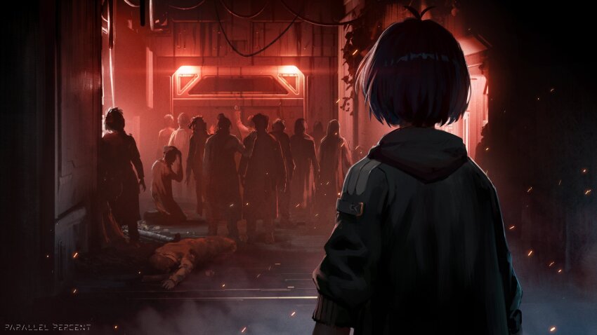 1girl antenna_hair arm_up arms_at_sides black_hair black_hoodie black_jacket commentary commission crowd dark embers english_commentary fog from_behind game_cg gate hand_on_another&#039;s_shoulder hands_on_own_head highres hood hood_down hooded_jacket hoodie jacket kneeling leaning_back long_sleeves looking_ahead lying non-circular_lens_flare on_stomach original people poverty puffy_long_sleeves puffy_sleeves red_light science_fiction short_hair shoulder_boards sleeve_belt sleeves_rolled_up solo_focus standing title upper_body vertigris wide_shot