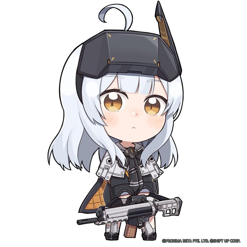 1girl ahoge black_necktie black_shoes blunt_bangs brown_eyes cape capelet chibi closed_mouth commentary english_commentary full_body goddess_of_victory:_nikke grey_hair gun head-mounted_display highres holding holding_gun holding_weapon light_frown loafers long_hair long_sleeves looking_at_viewer multiple_neckties necktie official_art orange_cape shoes snow_white_(innocent_days)_(nikke) snow_white_(nikke) socks solo standing totatokeke weapon white_socks