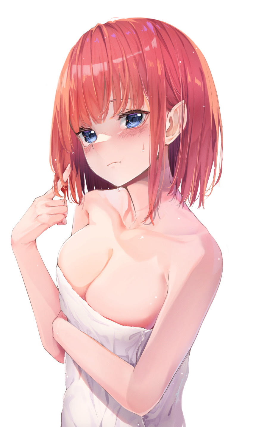 1girl absurdres blue_eyes blush breasts cleavage closed_mouth collarbone go-toubun_no_hanayome highres large_breasts looking_at_viewer nakano_nino naked_towel pink_hair simple_background solo standing towel wet wet_hair white_background yuunamida_uyu