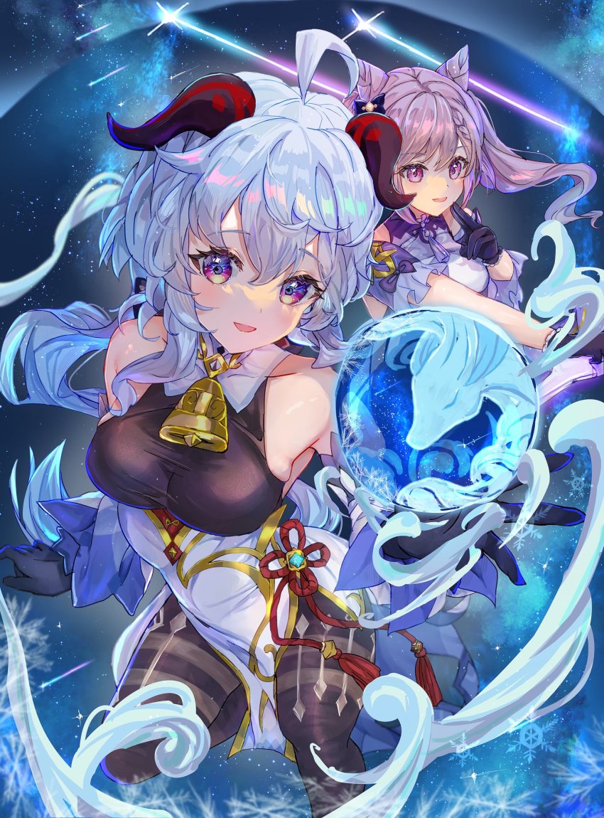 2girls ahoge bare_shoulders bell black_gloves black_pantyhose blue_hair breasts chinese_knot cone_hair_bun detached_sleeves double_bun flower_knot ganyu_(genshin_impact) genshin_impact gloves gold_trim hair_bun highres horns isuzu_(an_icy_cat) jewelry keqing_(genshin_impact) long_hair looking_at_viewer medium_breasts multiple_girls neck_bell orb pantyhose purple_eyes purple_gloves purple_hair qilin_(mythology) sidelocks skindentation smile tassel thighlet vision_(genshin_impact) white_sleeves