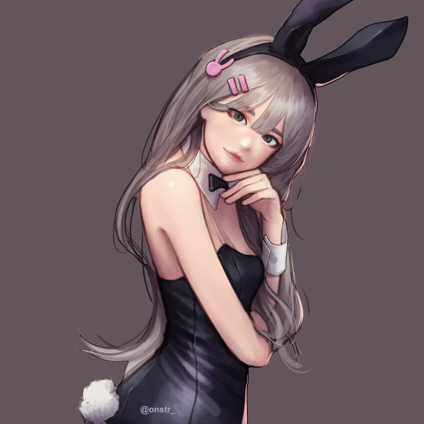 1girl absurdres animal_ear_hairband animal_ears artist_name black_leotard detached_collar fake_animal_ears fake_tail hair_ornament hairband highres leotard long_hair looking_at_viewer ony_saputra playboy_bunny rabbit_ear_hairband rabbit_ears rabbit_hair_ornament rabbit_tail sakurajima_mai seishun_buta_yarou solo strapless strapless_leotard tail wrist_cuffs