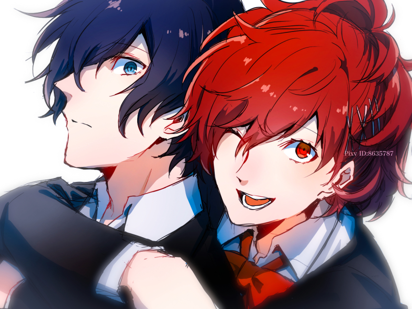 1boy 1girl blue_eyes blue_hair bow bowtie eme_(204) gekkoukan_high_school_uniform hair_ornament hair_over_one_eye hairclip hug hug_from_behind one_eye_closed persona persona_3 persona_3_portable red_bow red_bowtie red_eyes red_hair school_uniform shiomi_kotone short_hair smile yuuki_makoto_(persona_3)