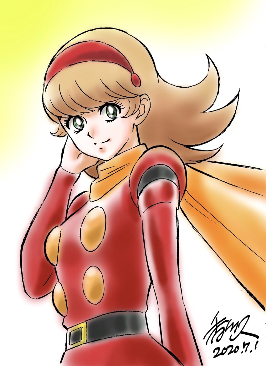 1girl blonde_hair closed_mouth coat cyborg cyborg_009 francoise_arnoul green_eyes hairband highres kagawa_hisashi long_hair looking_at_viewer military red_coat scarf simple_background smile solo standing upper_body yellow_scarf