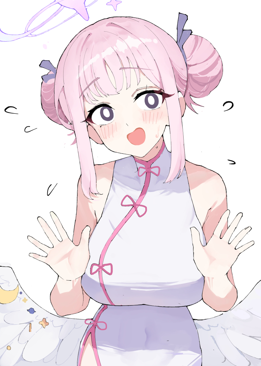 1girl absurdres angel_wings black_eyes blue_archive blush breasts china_dress chinese_clothes covered_navel dilated_pupils djan double_bun dress feathered_wings flying_sweatdrops hair_bun hair_ribbon halo highres huge_breasts looking_at_viewer low_wings mika_(blue_archive) nervous open_mouth pink_hair pink_halo purple_ribbon ribbon side_slit simple_background sleeveless sleeveless_dress solo tight_clothes tight_dress white_background white_dress white_wings wide-eyed wings