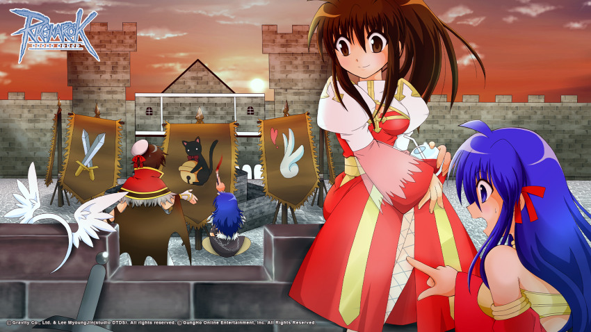 2boys 2girls arch_bishop_(ragnarok_online) banner bikini blue_eyes blue_hair blush breasts brick_wall brown_eyes brown_hair brown_wings capelet castle cleavage_cutout closed_mouth clothing_cutout cloud copyright_notice cross detached_sleeves dress fake_wings fishnet_pantyhose fishnets full_body fur-trimmed_capelet fur_trim guest_art gypsy_(ragnarok_online) hairband hat high_ponytail high_wizard_(ragnarok_online) highres holding holding_paintbrush juliet_sleeves logo long_hair long_sleeves looking_to_the_side medium_breasts multiple_boys multiple_girls official_art official_wallpaper open_mouth orange_sky outdoors paintbrush pantyhose ponytail puffy_sleeves ragnarok_online red_capelet red_sleeves sailor_hat sash shadow_chaser_(ragnarok_online) sitting sitting_on_wall sky smile sun sunset suzunari_ayana swimsuit two-tone_dress unworn_hairband vandalism white_dress white_hairband white_hat wings yellow_bikini yellow_sash