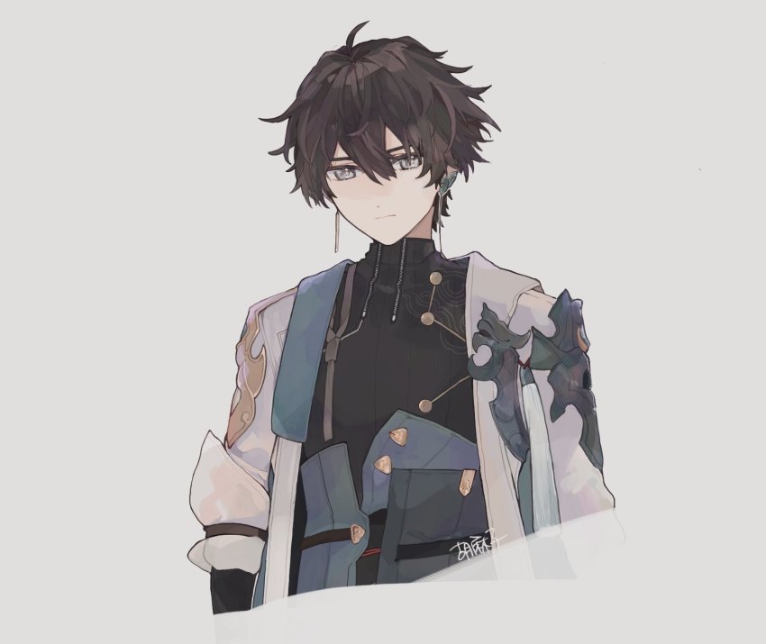 1boy brown_hair chinese_clothes closed_mouth dan_heng_(honkai:_star_rail) dan_heng_(hunt)_(honkai:_star_rail) earrings grey_background grey_eyes hair_between_eyes highres honkai:_star_rail honkai_(series) jacket jewelry long_sleeves looking_at_viewer male_focus mogomaco open_clothes open_jacket short_hair signature simple_background solo white_jacket