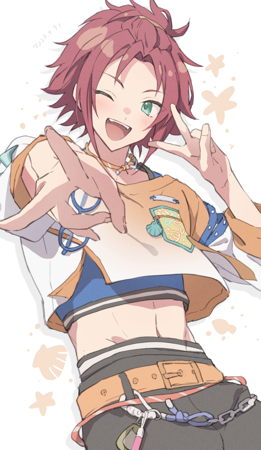 1boy ;d absurdres bangs_pinned_back belt carabiner crop_top double_v ensemble_stars! green_eyes highres isara_mao looking_at_viewer male_focus official_alternate_costume one_eye_closed open_mouth orange_belt outstretched_arm red_hair reijiro smile solo teeth upper_teeth_only v white_background