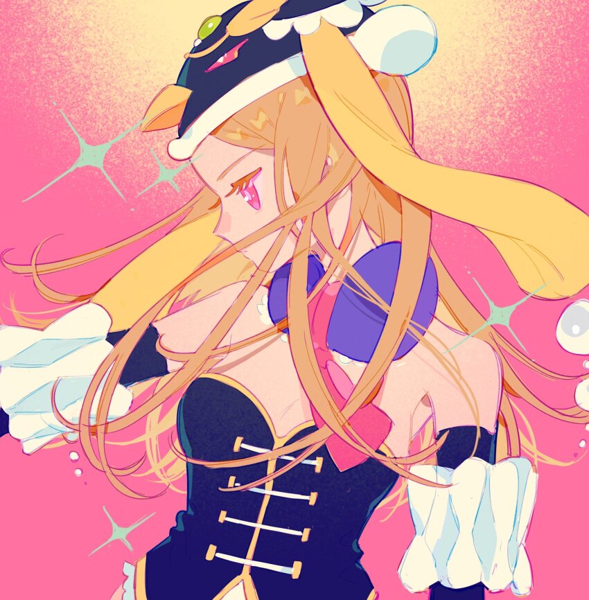 1girl animal_hat ascot bare_shoulders black_hat black_sleeves black_tube_top blonde_hair breasts chinese_commentary cleavage closed_mouth collar collarbone colored_eyelashes commentary_request detached_collar detached_sleeves frilled_tube_top frills fur-trimmed_headwear fur_trim gem hat highres lace-trimmed_collar lace_trim lapels large_breasts light_frown long_hair long_sleeves looking_to_the_side mawaru_penguindrum pearl_(gemstone) pink_ascot pink_background pink_eyes pom_pom_(clothes) princess_of_the_crystal purple_collar solo sparkle strapless takakura_himari tube_top upper_body yeshisi