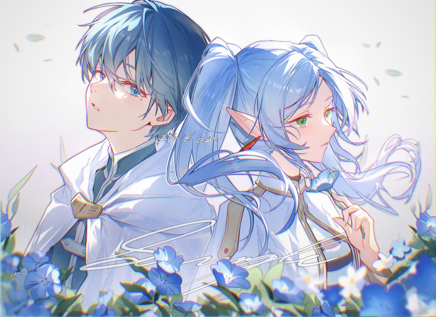 1boy 1girl absurdres blue_eyes blue_flower blue_hair capelet cloak closed_mouth cloudyman double-parted_bangs dress earrings elf flower frieren green_eyes grey_shirt hair_between_eyes highres holding holding_flower jewelry long_hair looking_ahead mole mole_under_eye parted_lips pointy_ears shirt short_hair sidelocks sousou_no_frieren striped_clothes striped_dress twintails white_capelet white_cloak white_dress white_hair