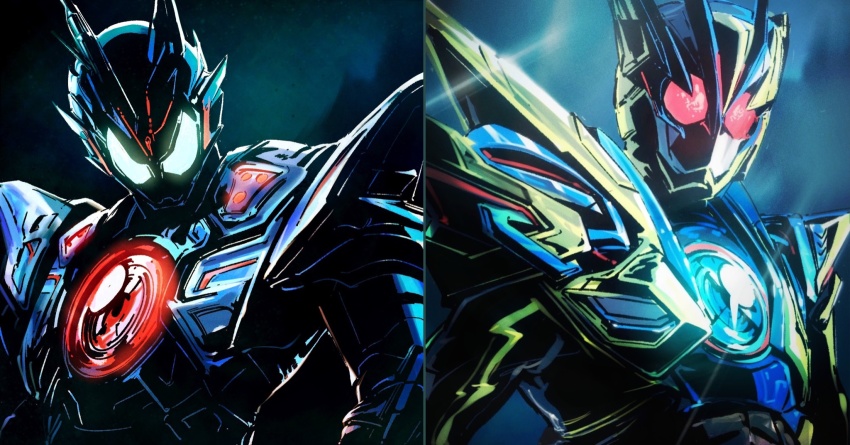 2boys armor assault_wolf blue_armor blue_eyes bug commentary glowing glowing_armor glowing_eyes grasshopper green_armor highres insect kamen_rider kamen_rider_01_(series) kamen_rider_vulcan kamen_rider_zero-one looking_at_viewer male_focus multiple_boys power_armor profile shining_assault_hopper signature solo upper_body y_a_m_a_y_a