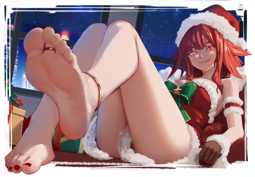 1girl absurdres anklet armband bare_legs bare_shoulders barefoot blunt_bangs box christmas dress feet feet_up foot_focus fur-trimmed_dress fur-trimmed_headwear fur_trim gift gift_box glowing glowing_eyes hat highres jewelry long_hair merry_christmas nail_polish original red_eyes red_hair ribbon santa_costume santa_dress santa_hat smile soles solo toe_ring toenail_polish toenails toes window winter zxy123