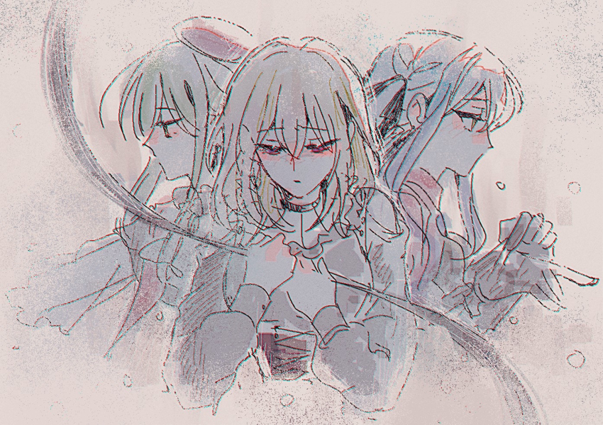 3girls bang_dream! bang_dream!_it&#039;s_mygo!!!!! beret black_gloves blonde_hair blue_hair blush brown_corset clothing_cutout commentary corset doloris_(bang_dream!) gloves green_hair hat long_hair long_sleeves maybecrosswise medium_hair misumi_uika mortis_(bang_dream!) mortis_(costume)_(bang_dream!) multiple_girls oblivionis_(bang_dream!) purple_eyes red_hat see-through_clothes see-through_sleeves shoulder_cutout sidelocks togawa_sakiko wakaba_mutsumi yellow_eyes