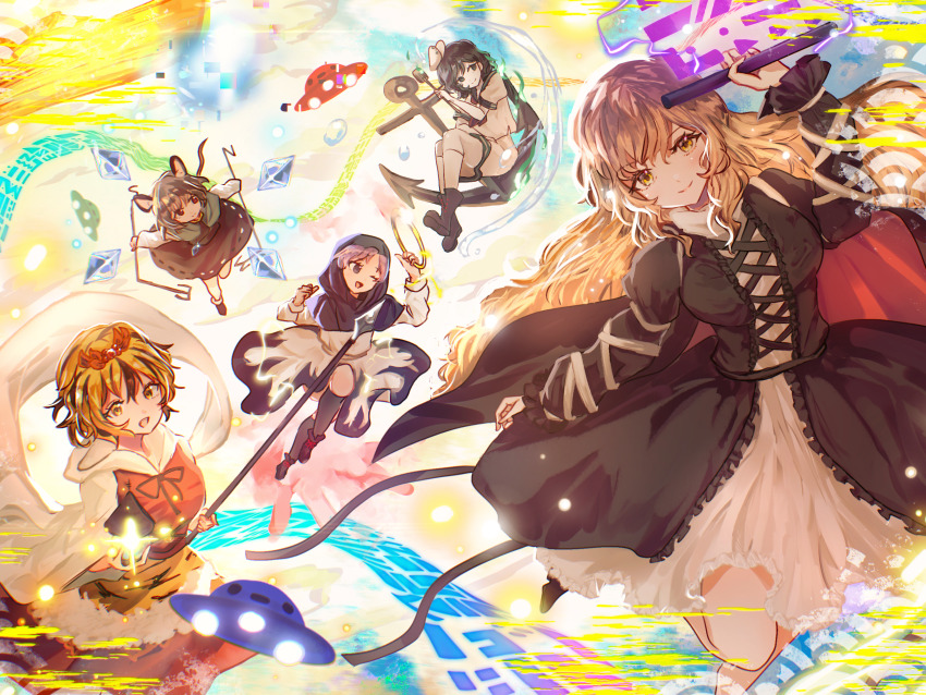 5girls :d ;d anchor animal_ears animal_print black_boots black_dress black_hair black_shoes black_skirt black_socks blonde_hair blue_dress boots brown_hair buddhist_nun capelet closed_mouth dress gradient_hair green_eyes grey_capelet grey_hair hands_up hashtag-only_commentary highres hijiri_byakuren holding holding_polearm holding_weapon hood hood_up hoop kumoi_ichirin layered_dress long_hair long_sleeves mitsusame mouse_ears mouse_girl mouse_tail multicolored_hair multiple_girls murasa_minamitsu nazrin neckerchief one_eye_closed open_mouth parted_bangs polearm print_dress purple_hair red_dress red_eyes red_neckerchief runes shawl shirt shoes short_hair short_sleeves shorts skirt smile socks spear tail tiger_print toramaru_shou touhou ufo undefined_fantastic_object weapon white_dress white_shawl white_shirt white_shorts white_socks yellow_eyes
