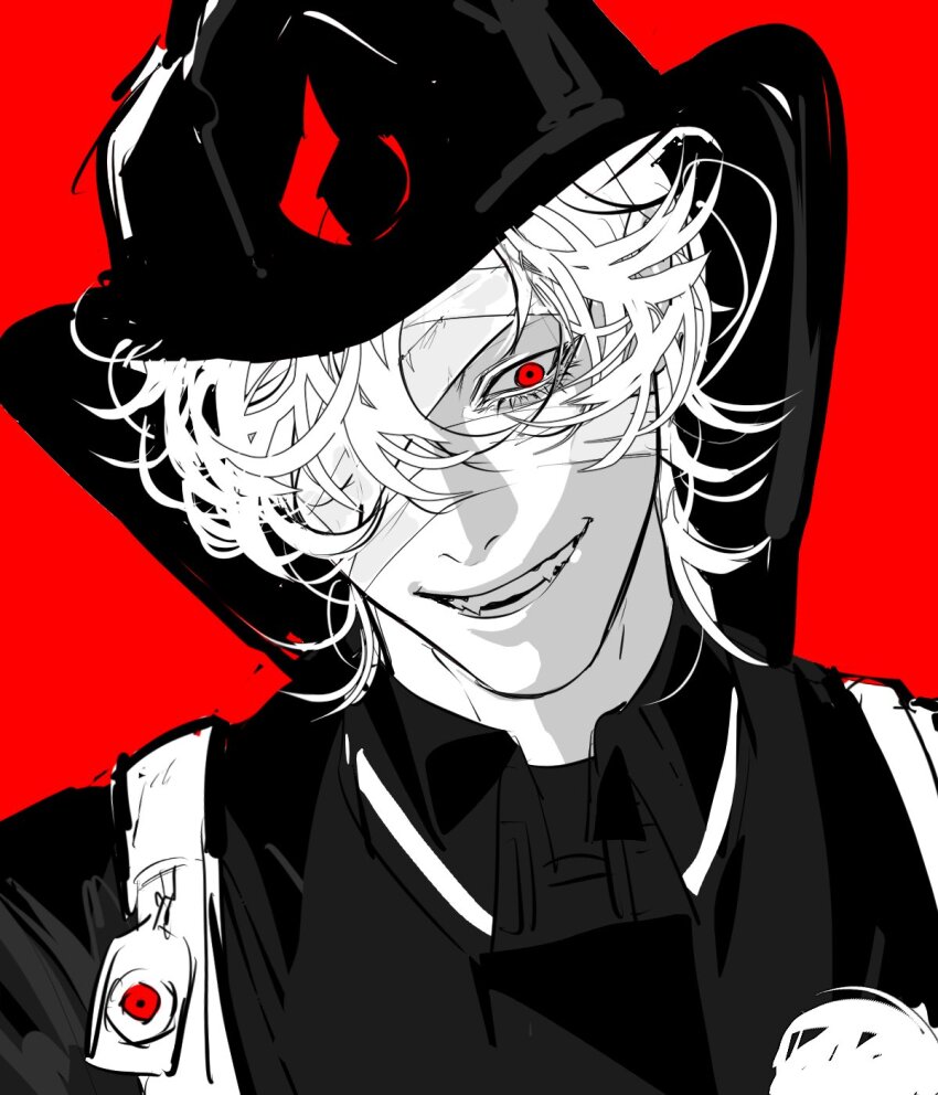 1boy bandage_over_one_eye eyeball fangs fire_helmet firefighter firefighter_jacket grin highres identity_v jacket mullet one_eye_covered pipiron9 red_background red_eyes smile solo solo_focus