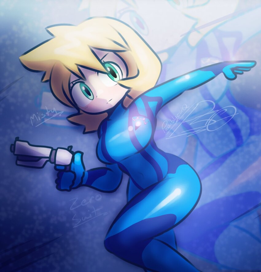 1girl blue_bodysuit bodysuit breasts closed_mouth cosplay covered_navel green_eyes gun handgun highres holding holding_gun holding_weapon legs looking_at_viewer medium_breasts metroid misty_(pokemon) navel nintendo pokemon pokemon_gsc pokemon_hgss possiblyzero samus_aran samus_aran_(cosplay) short_hair signature skin_tight solo thick_thighs thighs weapon zero_suit