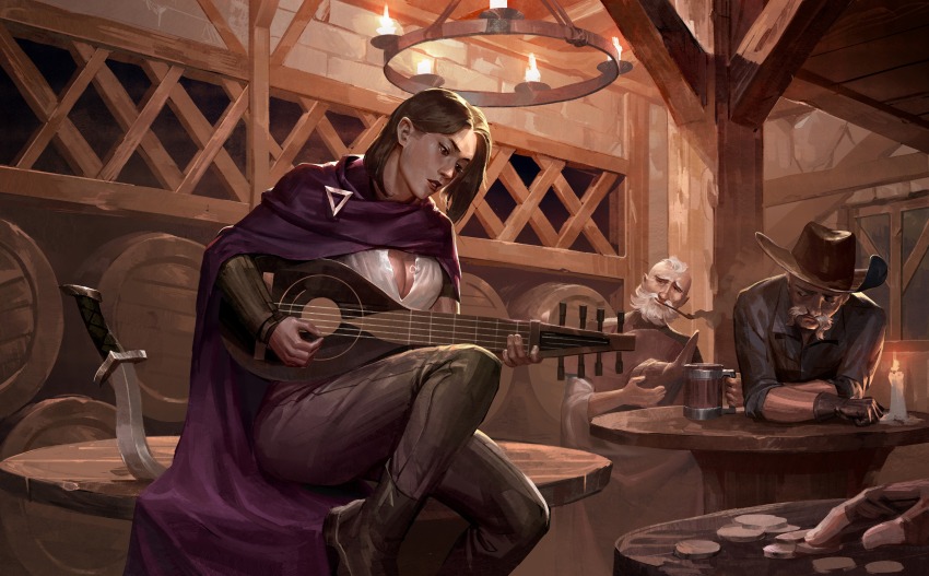 1girl 2boys absurdres bard barrel black_footwear black_pants black_shirt boots brown_eyes brown_gloves brown_hair brown_hat candle cloak dungeons_&amp;_dragons facial_hair gloves guitar hat highres indoors instrument multiple_boys mustache pants purple_cloak shirt short_hair sitting smoking_pipe tankard white_shirt wth153