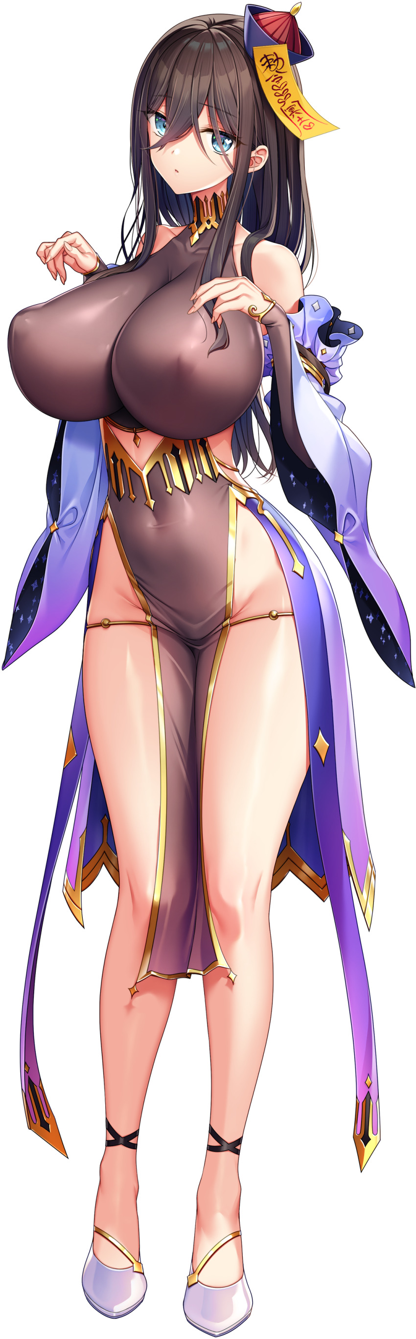 1girl absurdres akagi_rio anastasia_mysterante blue_eyes breasts brown_hair chinese_clothes closed_mouth covered_erect_nipples covered_navel detached_sleeves hair_between_eyes hat hat_ornament highres huge_breasts jiangshi jiangshi_costume long_hair looking_at_viewer low_ponytail motto!_haramase!_honoo_no_oppai_isekai_oppai_maid_gakuen! official_art ofuda ofuda_on_head outstretched_arms ponytail puffy_nipples qingdai_guanmao skindentation talisman tasuki transparent_background zombie_pose