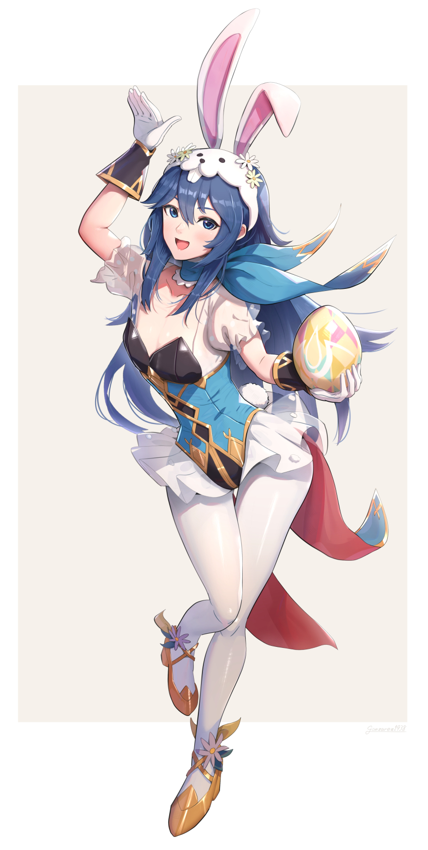 1girl absurdres animal_hat arm_up blue_eyes blue_hair blue_leotard crest easter_egg egg fake_tail family_crest fire_emblem fire_emblem_awakening fire_emblem_heroes flat_chest frilled_leotard frills gloves gonzarez hat highres holding holding_egg leotard long_hair looking_at_viewer lucina_(fire_emblem) lucina_(spring_exalt)_(fire_emblem) nintendo official_alternate_costume pantyhose playboy_bunny rabbit_hat rabbit_tail see-through_clothes smile solo tail thigh_gap waist_cape watermark white_gloves white_pantyhose