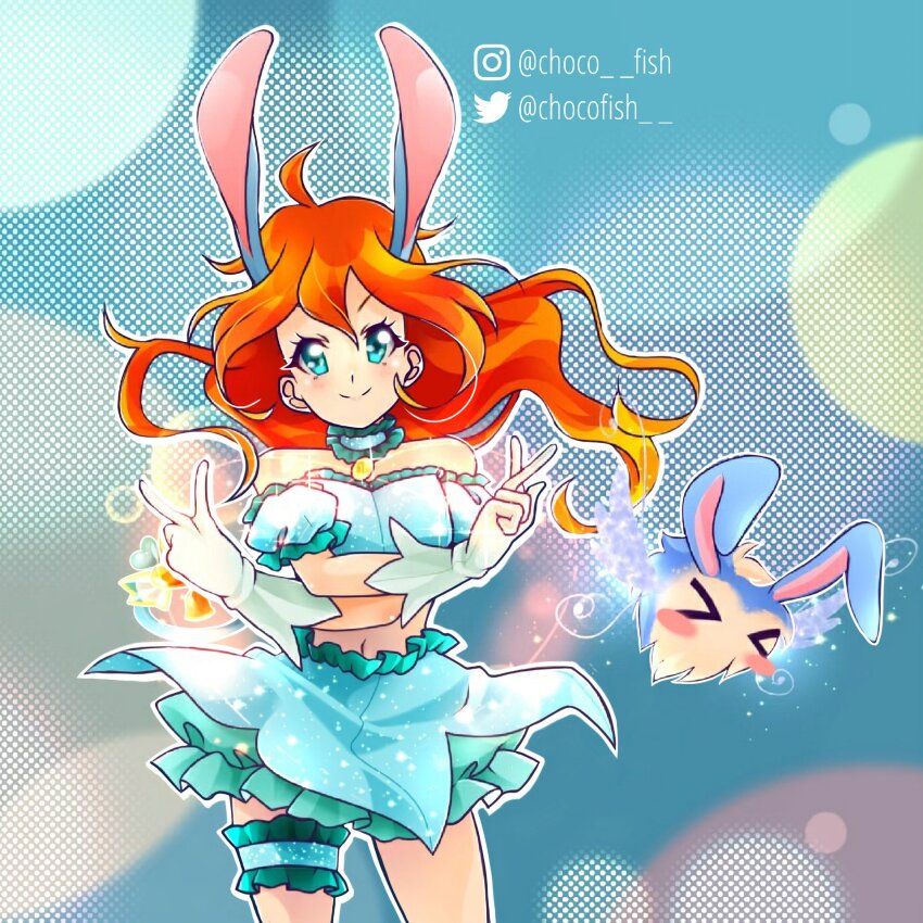 &gt;_&lt; 1girl adapted_costume animal_ears aqua_skirt bad_id bad_twitter_id bare_shoulders bloom_(winx_club) blue_background blue_choker blue_eyes blue_shirt blue_skirt blue_sleeves blush_stickers bubble bubble_skirt chocofish choker closed_mouth commentary cosplay cowboy_shot crop_top detached_sleeves dot_nose double_v english_commentary eyelashes fake_animal_ears floating_hair frilled_choker frilled_shirt frilled_skirt frilled_sleeves frilled_thigh_strap frills glitter gloves halftone halftone_background heart highres instagram_username kemonomimi_mode kiko_(winx_club) layered_skirt light_blush long_hair magical_girl masha_(tokyo_mew_mew) masha_(tokyo_mew_mew)_(cosplay) midriff miniskirt navel orange_hair outline pendant_choker puffy_short_sleeves puffy_sleeves rabbit_ears rabbit_girl shirt short_sleeves skirt skirt_set smile standing strapless strapless_shirt tareme thigh_strap tokyo_mew_mew twitter_username v very_long_hair watermark white_gloves white_outline winx_club