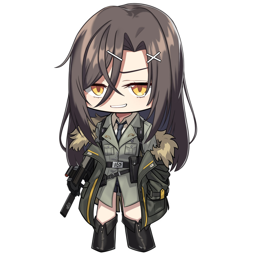 1girl absurdres belt black_belt black_footwear black_jacket black_necktie brown_hair chibi chibi_only christina_brecht collared_shirt commentary_request counter:side fold-over_boots full_body fur-trimmed_jacket fur_trim green_jacket gun hair_between_eyes hair_ornament hairclip hand_in_pocket highres holding holding_gun holding_weapon jacket korean_commentary long_hair looking_at_viewer necktie off_shoulder orange_eyes parted_bangs pocket pouch rifle shirt smirk solo standing transparent_background wbs weapon x_hair_ornament