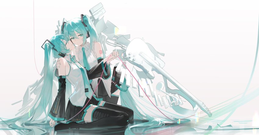 2girls aqua_eyes aqua_hair aqua_nails aqua_necktie black_skirt black_sleeves boots cyber_fashion detached_sleeves dual_persona electric_guitar guitar hair_ornament hatsune_miku hatsune_miku_(vocaloid3) headset highres instrument jiu_ye_sang kneeling long_hair looking_at_viewer multiple_girls necktie number_tattoo open_mouth platform_footwear pleated_skirt shirt shoulder_tattoo simple_background skirt sleeveless sleeveless_shirt smile string tattoo thigh_boots thighhighs tie_clip twintails very_long_hair vocaloid white_background white_shirt