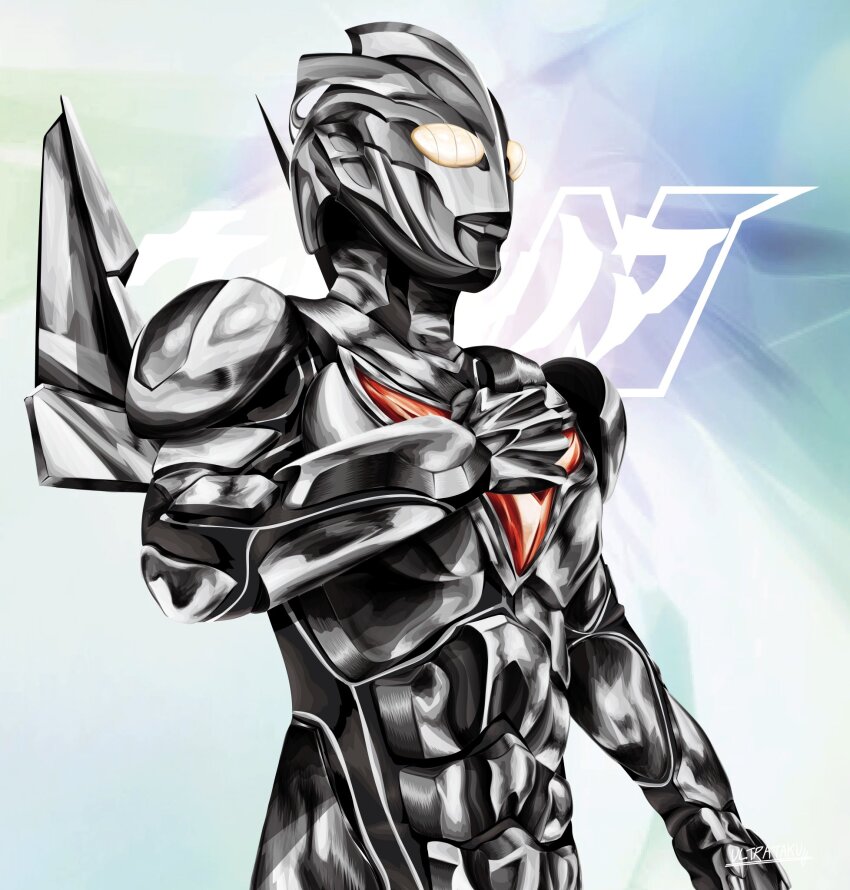 1boy abstract_background alien arm_up armor armored_bodysuit artist_name bodysuit character_name color_timer commentary cowboy_shot dorsal_fin from_side full_armor glowing glowing_eyes grey_bodysuit hand_on_own_chest highres looking_to_the_side male_focus shoulder_armor signature silver_bodysuit solo standing tokusatsu ultra_series ultraman_nexus_(series) ultraman_noa ultrataku wings yellow_eyes
