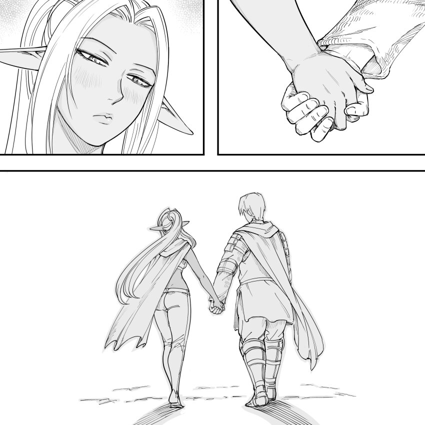 1boy 1girl absurdres ass bb_(baalbuddy) blush brother_and_sister brother_and_step-sister cape close-up dark-skinned_female dark_elf dark_skin elf highres holding_hands hood hood_down hooded_cape left-to-right_manga long_hair original paladin pants pointy_ears ponytail siblings step-brother_and_step-sister step-siblings willford_diccard zana_(dark_elf_stepsister)