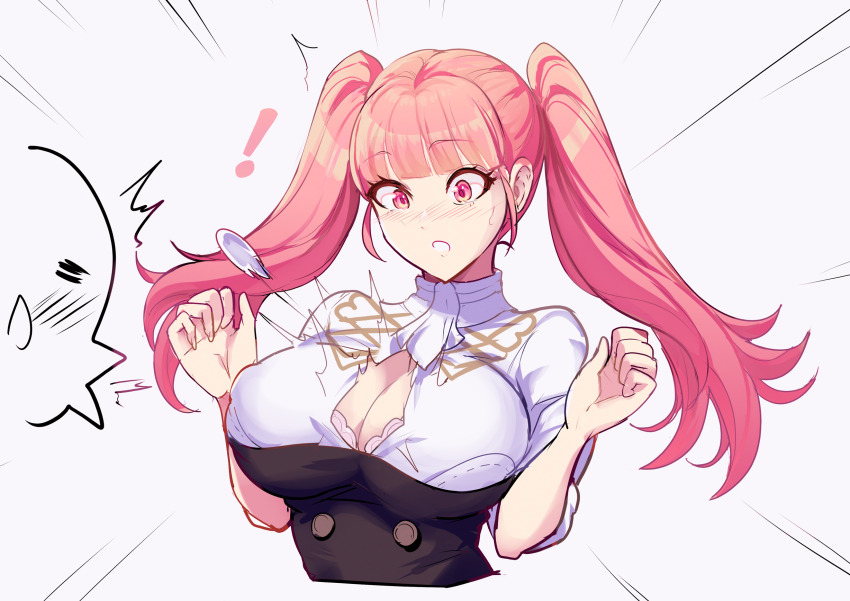 ! 1girl 1other blunt_bangs blush bra bra_peek breasts bursting_breasts cleavage commentary cropped_torso emphasis_lines english_commentary fire_emblem fire_emblem:_three_houses grey_background hands_up highres hilda_valentine_goneril large_breasts long_hair nintendo nose_blush pink_eyes pink_hair revolverwing shirt short_sleeves simple_background solo solo_focus surprised twintails underwear upper_body very_long_hair white_bra white_shirt