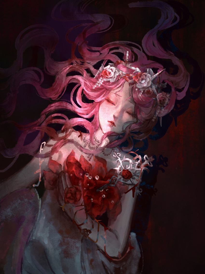 1girl absurdres bare_shoulders bead_necklace beads black_background blood blood_on_clothes blood_stain closed_eyes closed_mouth dress eyelashes eyeshadow floating_hair flower hand_on_own_chest head_wreath highres jewelry light_frown lipstick long_dress long_hair makeup necklace nikki_(nikki) nikki_(series) pink_eyeshadow pink_hair pink_lips red_background red_flower red_rose rose sea0 shining_nikki single_strap sleeveless sleeveless_dress solo thorns two-tone_background upper_body very_long_hair wavy_hair when_roses_perish_(shining_nikki) white_dress white_flower white_rose