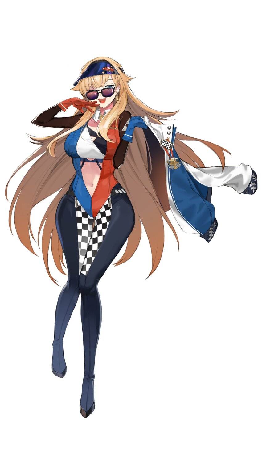 1girl absurdres blue_gloves character_request checkered_clothes checkered_pants counter:side full_body glasses gloves highres long_hair navel pants purple-tinted_eyewear qmpzalsk race_queen red_gloves simple_background solo sunglasses tinted_eyewear white_background