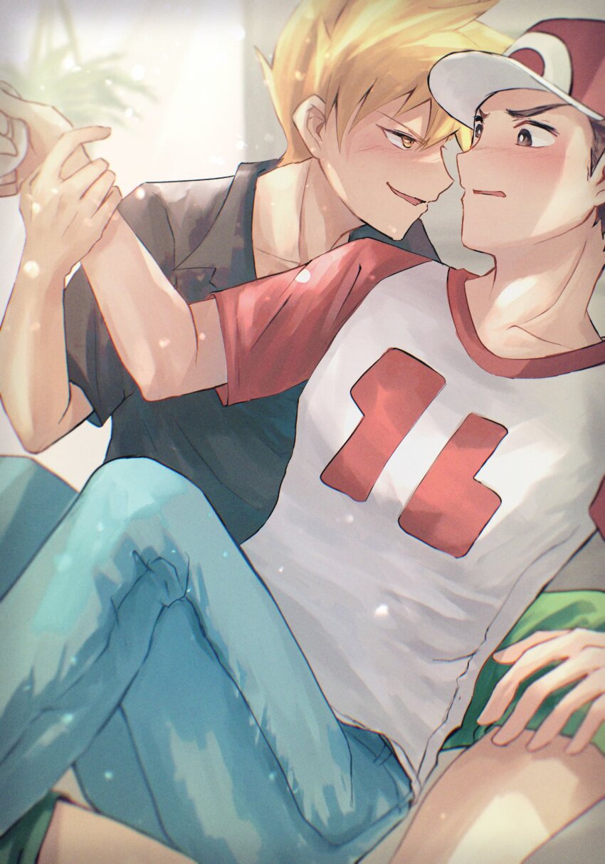 2boys blonde_hair blue_oak blue_pants bright_pupils brown_eyes brown_hair collared_shirt commentary_request green_pants hand_up hat highres holding_another&#039;s_wrist male_focus multiple_boys nintendo open_mouth pants pokemon pokemon_sm red_(pokemon) red_hat shirt shiruko_(s1ruko) short_hair short_sleeves smile spiked_hair t-shirt yaoi