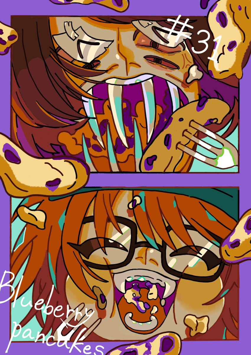 2boys brothers brown_hair colored_sclera eating extra_eyes fangs food food_in_mouth fork glasses highres luther_von_ivory male_focus multiple_boys pancake purple_background randal&#039;s_friends randal_ivory red_sclera sharp_teeth short_hair siblings sonodainuha taped_note teeth