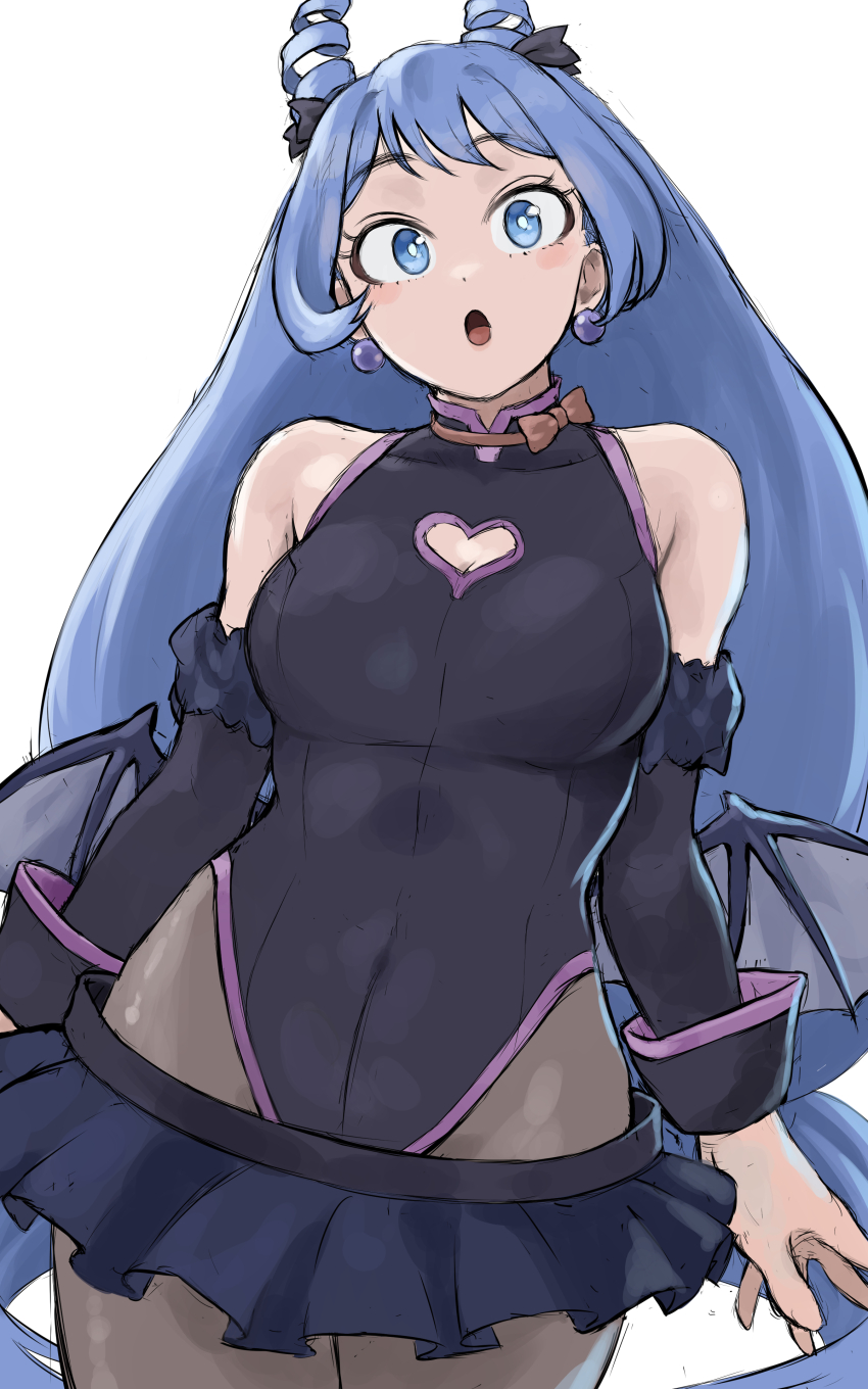 1girl absurdres black_leotard black_skirt black_sleeves blue_eyes blue_hair boku_no_hero_academia breasts cosplay detached_sleeves drill_hair earrings fengling_(furin-jp) grey_pantyhose hado_nejire haneyama_kazuho haneyama_kazuho_(cosplay) highres jewelry large_breasts leotard long_hair looking_at_viewer miniskirt pantyhose skirt solo twin_drills vigilante_-boku_no_hero_academia:_illegals-