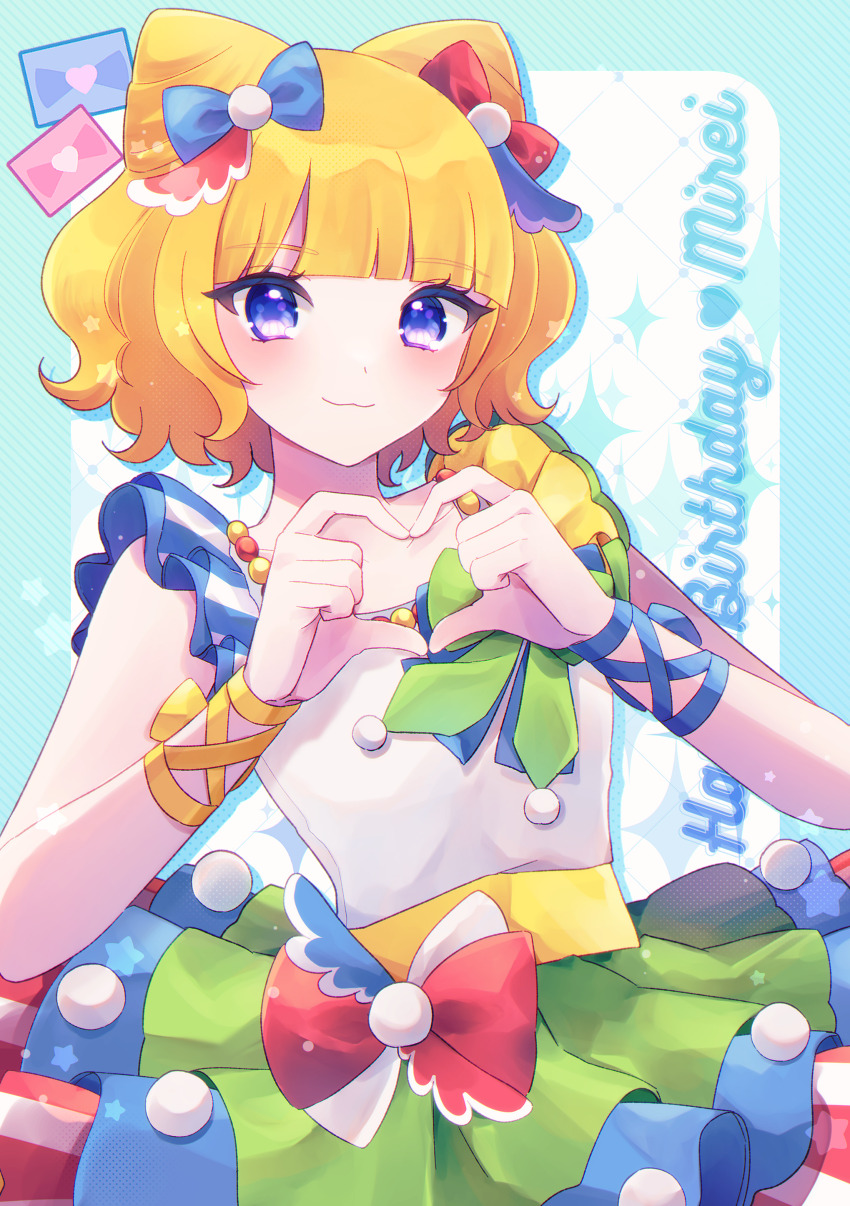 1girl :3 absurdres blonde_hair blue_background blue_bow blue_eyes blunt_bangs bow character_name commentary_request cone_hair_bun double_bun dress hair_bow hair_bun hands_up happy_birthday heart heart_hands highres idol_clothes looking_at_viewer minami_mirei multicolored_dress pretty_series pripara priticket red_bow sando_(llicy_0) short_hair smile solo