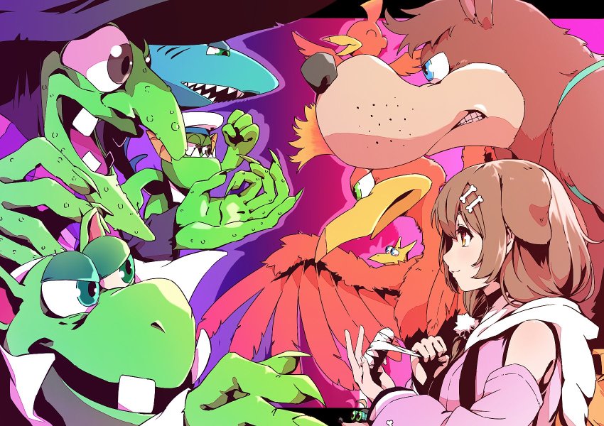 1boy 2girls animal_ears animal_nose bandaged_fingers bandages banjo-kazooie banjo_(banjo-kazooie) beak bird blue_eyes body_fur bone_hair_ornament brown_hair clenched_teeth closed_mouth colored_skin crossover detached_sleeves dog_ears extra_ears fingernails furry furry_male green_eyes green_skin grey_eyes gruntilda_winkybunion hair_ornament hairclip hashiguma hat height_difference highres hololive hood hood_down inugami_korone inugami_korone_(loungewear) jinjo kazooie_(banjo-kazooie) klungo_(banjo-kazooie) long_hair looking_at_another missing_tooth multiple_girls rareware sharp_fingernails smile snout teeth virtual_youtuber warts witch witch_hat