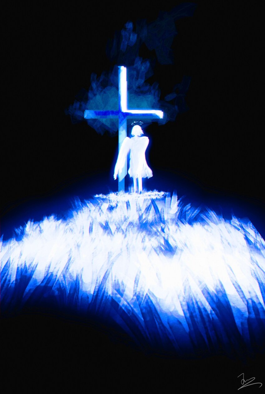 1girl arms_at_sides black_background cross dress faceless faceless_female facing_viewer grass halo highres huashijw original short_hair signature simple_background smoke solo standing white_dress white_hair white_wings wings