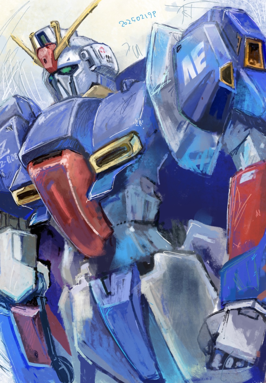 aeug anaheim_electronics character_name commentary dated green_eyes gundam gundam_zz highres logo machinery mecha mecha_focus mobile_suit no_humans okrdisk2000 robot roundel science_fiction thrusters v-fin white_background zeta_gundam_(mobile_suit)