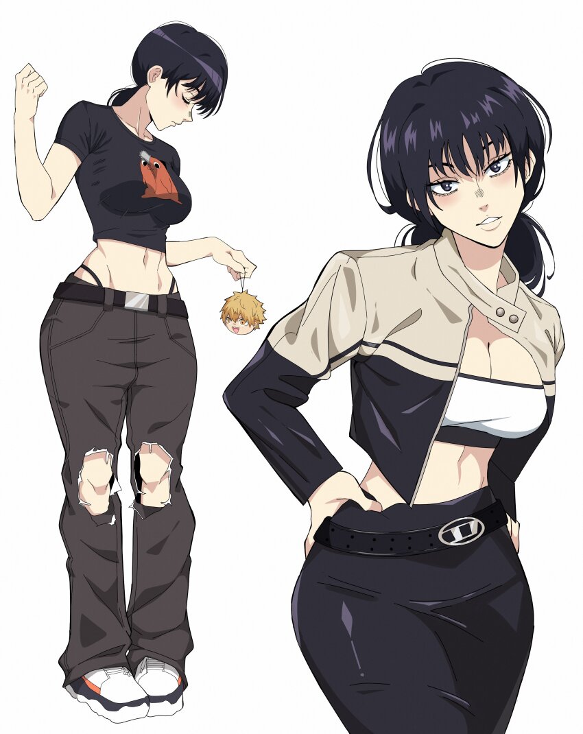 1girl absurdres black_hair breasts cameo chainsaw_man character_doll character_print cleavage crop_top denji_(chainsaw_man) hair_between_eyes highres holding jacket long_hair looking_at_viewer medium_breasts mg991998 mitaka_asa navel open_mouth pants pochita_(chainsaw_man) sharp_teeth shirt simple_background smile solo teeth toned