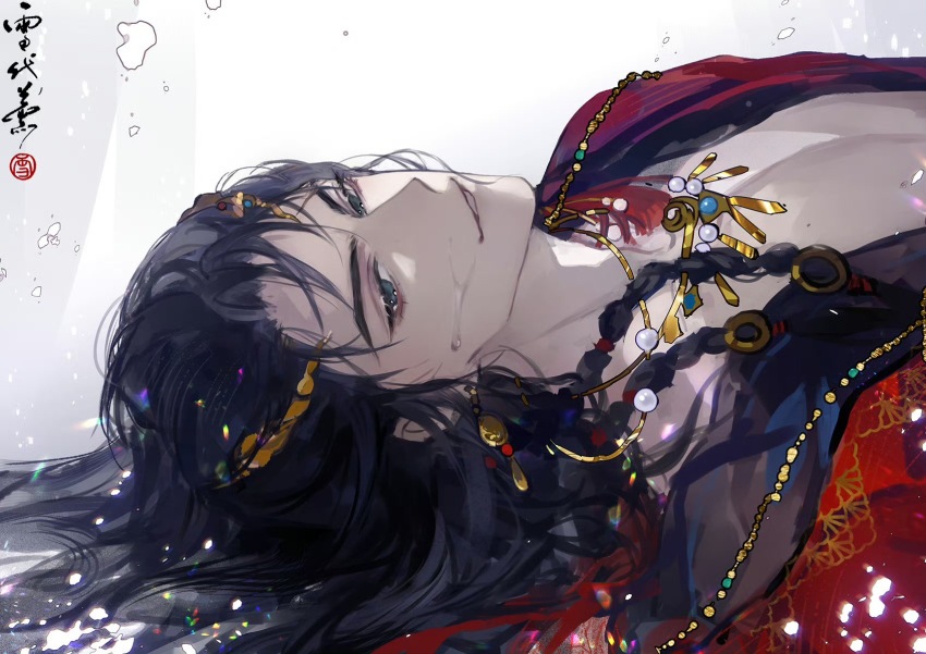 1boy black_hair blue_eyes braid character_request chinese_clothes chinese_text copyright_request earrings floating_earring hair_ornament highres jewelry long_hair looking_at_viewer lying male_focus necklace on_back parted_lips solo sweat sweatdrop upper_body white_background xuedaixun